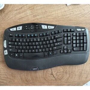 Logitech K350 Black Wave Wireless Keyboard With Dongle Ergonomic Cleaned Tested
